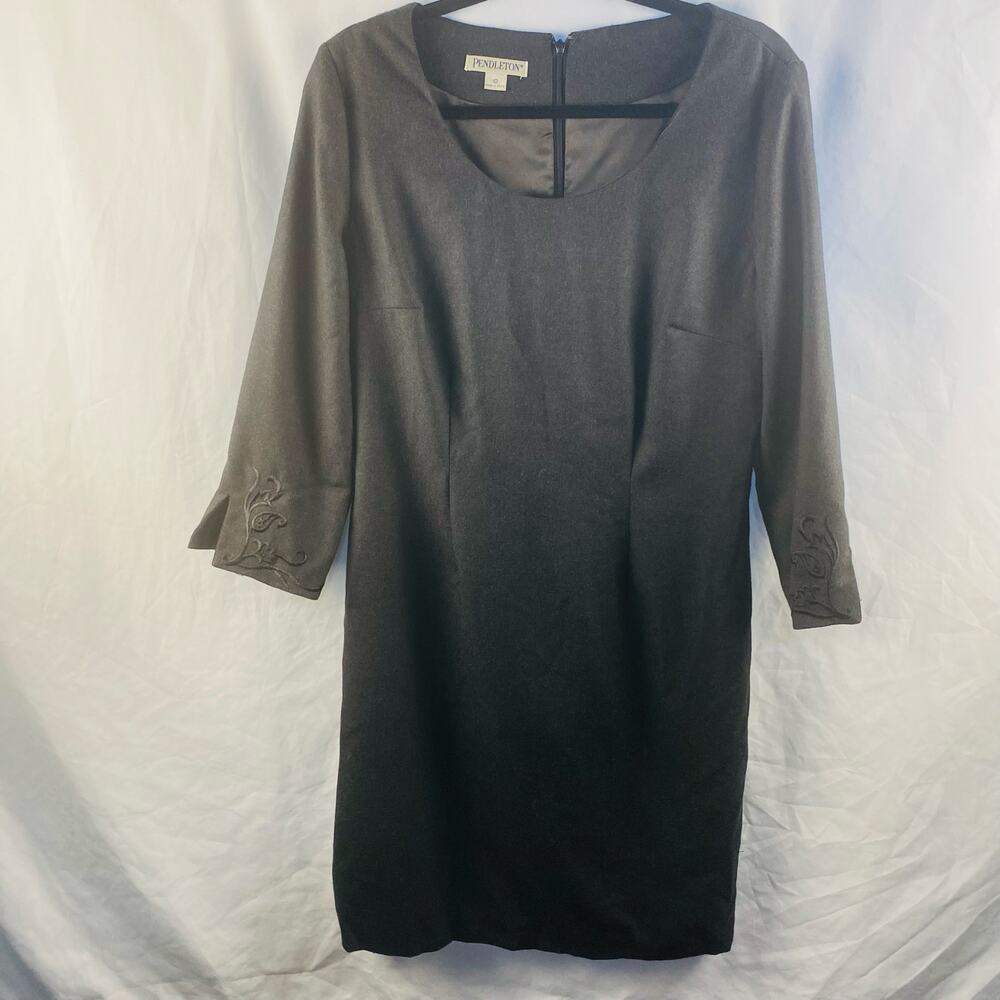 Pendleton Gray Wool 3/4 Sleeve Embroidered Classic‎ Sheath Dress Size 10
